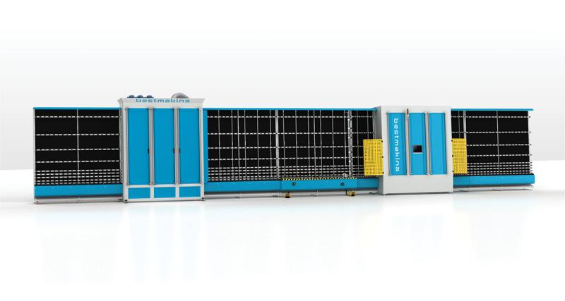 AUTOMATIC GLASS WASHING AND COMBINING LINE WITH PNEUMATIC PANEL PRESS