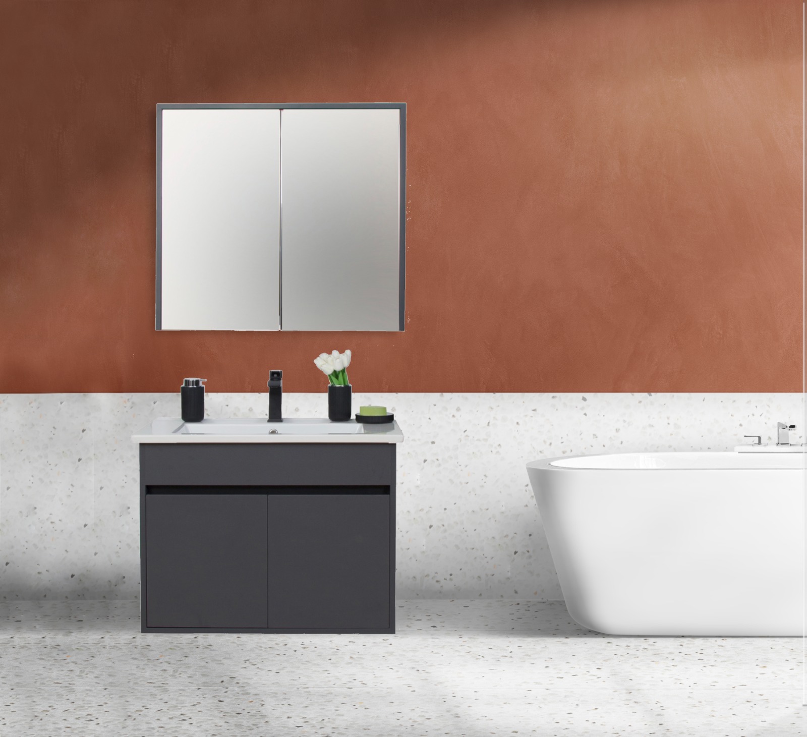 Dicle Tk. (Asma Alt + Aynalı Üst + Lavabo) Antrasit 80 Cm