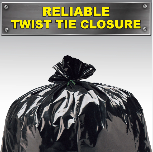 Recycled garbage bags-on-roll with tie closure
