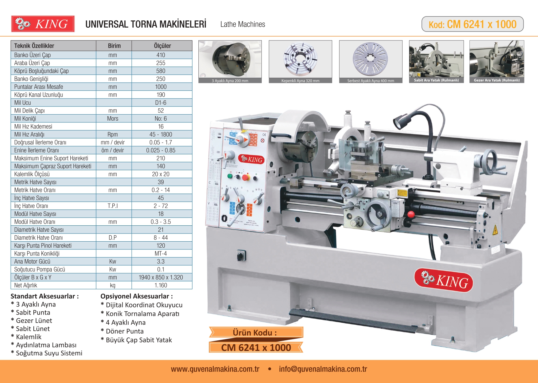 KING CM6241X1000 ÜNİVERSAL TORNA TEZGAHI